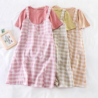 Set: Plain T-shirt + Plaid Pinafore Dress