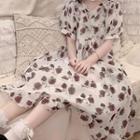Puff-sleeve Rose Print A-line Dress Rose - White - One Size