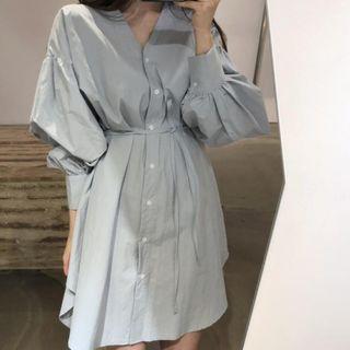 Puff-sleeve Tie-waist Buttoned Mini Dress