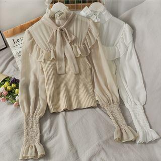 Patchwork Ribbon-neckline Crop Blouse