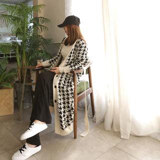 Houndstooth Long Cardigan With Sash Ivory - One Size