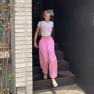 Letter Print Lettuce-trim Crop T-shirt