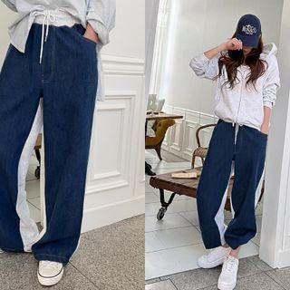 Drawstring-hem Denim-panel Sweatpants Blue - One Size
