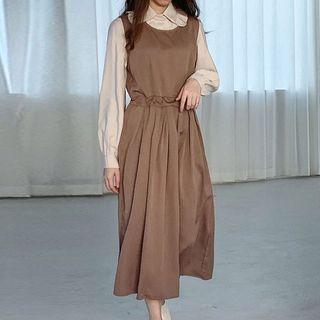 Ruffle Collar Blouse / Midi A-line Pinafore Dress