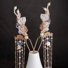Feather Rhinestone Freshwater Pearl Hair Stick 1 Pair - Blue & White & Gold - One Size