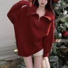 Zipper High-neck Oversized Sweater Red - One Size