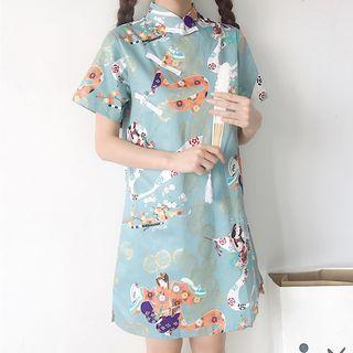 Short-sleeve Print Mini A-line Cheongsam Light Blue - One Size