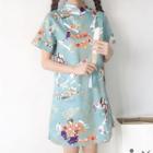 Short-sleeve Print Mini A-line Cheongsam Light Blue - One Size