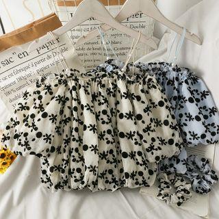 Off-shoulder Printed Loose Top With Hair Tie