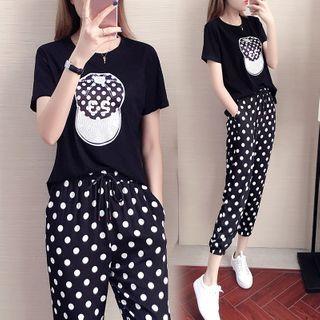 Set: Short-sleeve Cap Print T-shirt + Dotted Harem Pants