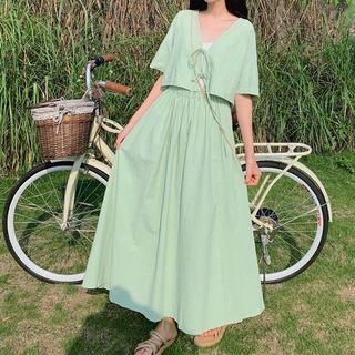 Set: Elbow-sleeve Front Knot Blouse + Midi A-line Skirt