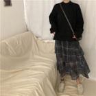 Loose-fit Mock Neck Sweater / High Waist Layered Plaid Skirt