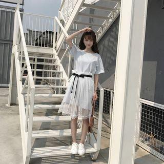 Set : Short-sleeve T-shirt Dress + Mesh Skirt