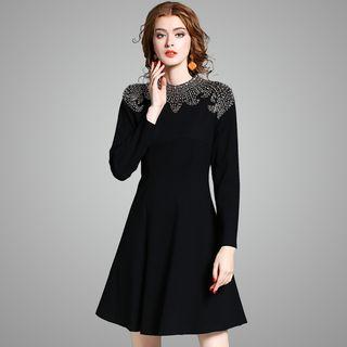 Long-sleeve Embellished-neckline A-line Dress