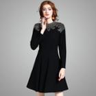 Long-sleeve Embellished-neckline A-line Dress