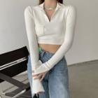 Long-sleeve Open-collar Cropped Knit Top White - One Size