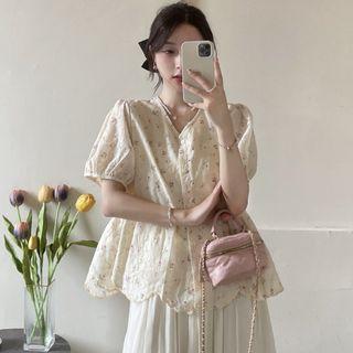 V-neck Floral Blouse / Midi A-line Skirt