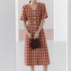 Short-sleeve V-neck Plaid Midi A-line Dress