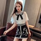 Set: Short-sleeve Blouse + Embellished Mini A-line Skirt