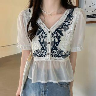 Puff-sleeve Crochet Lace Panel Blouse