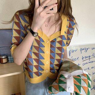 Short-sleeve Geometric Pattern Button-up Knit Top
