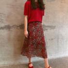 Short-sleeve Plain T-shirt / Midi Floral A-line Skirt