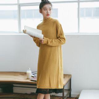 Pinstripe Lace Panel Long-sleeve Dress