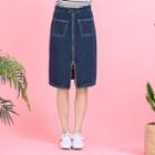 Slit-front Zip Stitched Denim Skirt