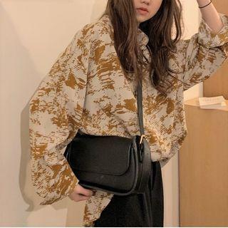 Long-sleeve Printed Shirt Brown Print - White - One Size