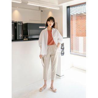 Drawstring-hem Oversized Striped Shirt