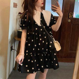 Short-sleeve Collar Dotted Mini Smock Dress