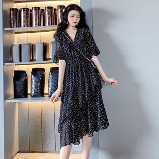 Dotted V-neck Chiffon A-line Dress
