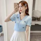 Short-sleeve Bow Button-up Top