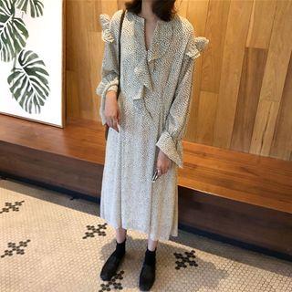 V-neck Long-sleeve Midi A-line Dress Black Dots - White - One Size