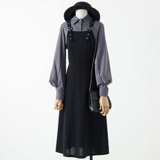 Midi Overall Dress / Lantern-sleeve Blouse / Set