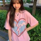 Short-sleeve Heart Print T-shirt Pink - One Size