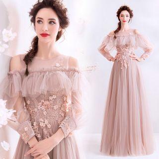 Long-sleeve Cold-shoulder Flower Applique A-line Evening Gown