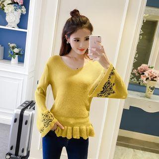 Embroidered Bell-sleeve Sweater
