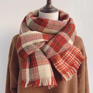 Plaid Tasseled Scarf Plaid - Red - One Size