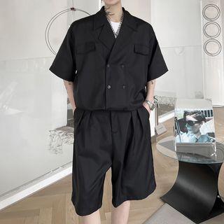 Set: Elbow-sleeve Double-breasted Shirt + Dress Shorts
