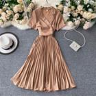 Collared Short-sleeve Tie-waist Accordion Pleated Midi A-line Dress