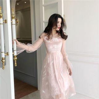 Set: Long-sleeve Embroidered A-line Mesh Dress + Velvet Slipdress