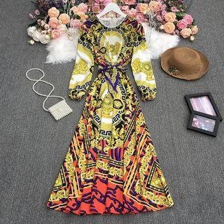 Long-sleeve Printed Midi A-line Dress Gold - One Size