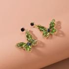 S925 Sterling Silver Butterfly Rhinestone Drop Earrings Green - 1 Pair - One Size