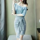 Set: Cold Shoulder Short-sleeve T-shirt + Pencil Skirt
