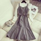 Set: Plain Long-sleeve T-shirt + Woolen Midi Suspender Dress