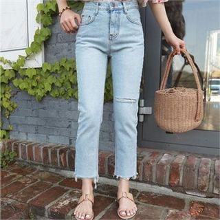Slit Distressed Washed Straight-cut Jeans