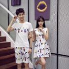 Couple Matching Set: Short-sleeve Printed T-shirt + Shorts / Sleeveless A-line Dress