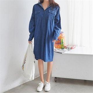Flap-pocket Denim Shirtdress With Sash
