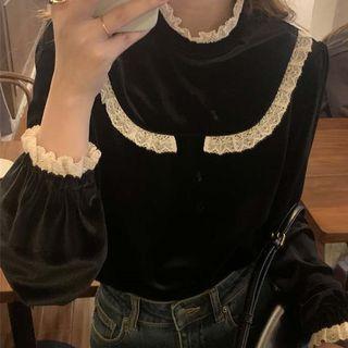 Frill Trim Lace Panel Velvet Blouse